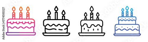 Celebration birthday cake with lit candles icon set for festive occasions