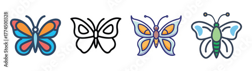 Collection of four stylized butterfly icons with varied colors and designs