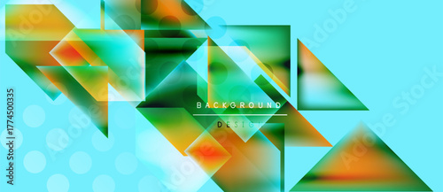 Abstract geometric shapes overlap, creating vibrant color gradients. Turquoise background features subtle dot pattern. Text reads background design.