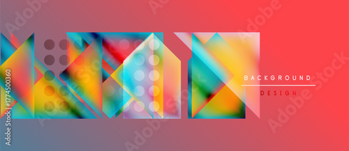 Abstract geometric shapes overlap, creating vibrant color gradients. Design features pink, blue, orange hues. Modern aesthetic.