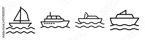 Collection of four simple line art boat icons on water waves