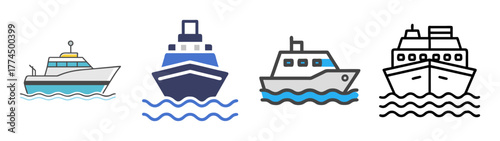 Collection of four distinct boat icons sailing on wavy waters