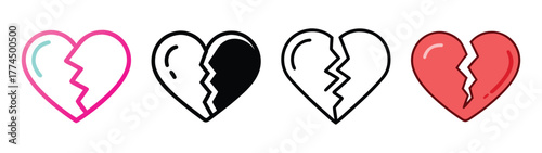 Four fragmented hearts symbolizing heartbreak and loss graphic icons