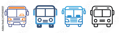 Four stylized front-facing bus icons representing different designs and colors