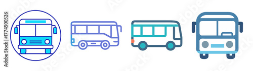Set of four distinct bus icons for transportation and travel graphics