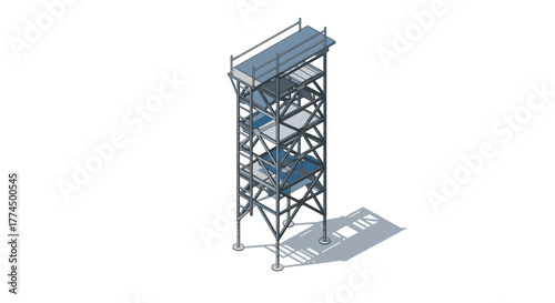 Isometric scaffolding structure with blue planks and shadow detail