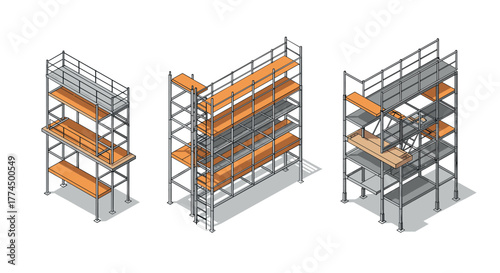 Isometric industrial warehouse shelving units with step ladder