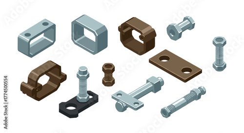 Isometric industrial fasteners set with nuts and bolts in metal and bronze tones