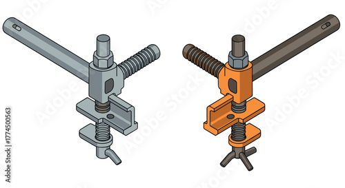 Isometric plumbing pipe clamps in gray and orange with detailed metal and scr…