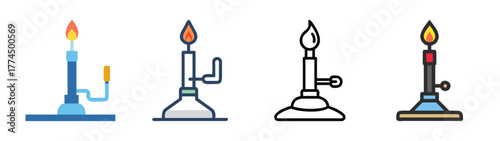 Collection of bunsen burner icons for scientific and educational contexts