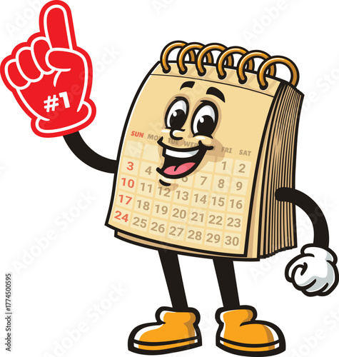 Cartoon mascot of calendar holding a giant foam finger