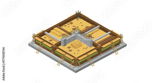 Isometric construction site foundation with reinforcement and equipment