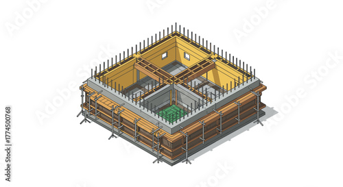 Isometric building foundation framework with steel rods and wooden scaffolding