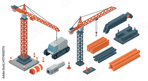 Construction equipment set with tower crane and building materials in isometr…