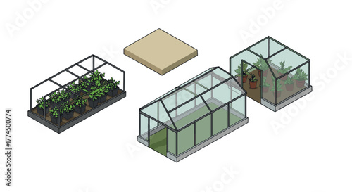 Isometric greenhouse set with plants and outdoor deck element