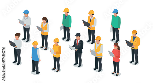 Diverse engineering team in isometric style reviewing plans and reports