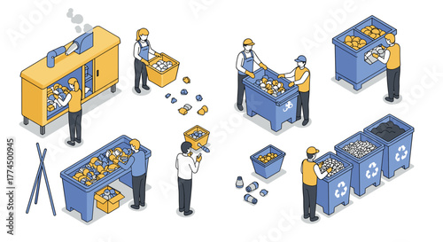 Waste management process in isometric style: sorting, recycling, and sustaina…