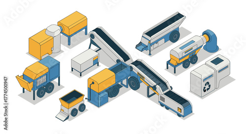 Isometric industrial equipment collection for waste management and recycling…