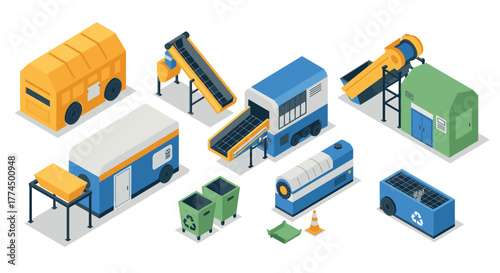 Isometric waste management facilities and recycling equipment in modern eco-f…