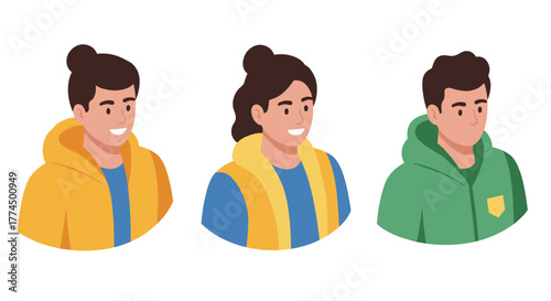 Casual characters in winter wear with hoodies and jackets in flat design
