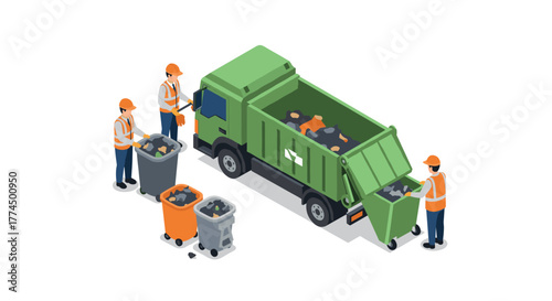 Isometric garbage collection scene with workers and truck in action