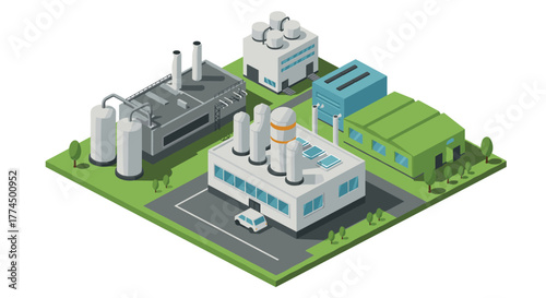 Isometric industrial complex with modern green roofs and eco-friendly infrast…