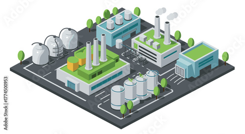 Isometric industrial complex with factories and green roofs