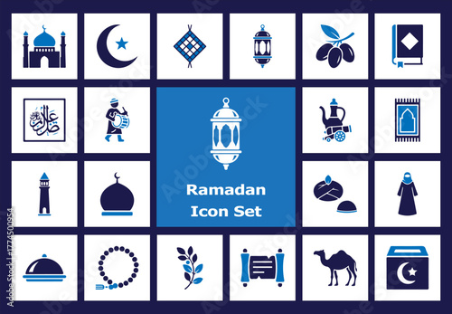 Ramadan Kareem Flat Color Icons Set: Mosque, Lantern, Crescent Star, Holy Book, Iftar Food, Islamic Holiday Symbols, Prayer Beads - Vibrant Vector Collection