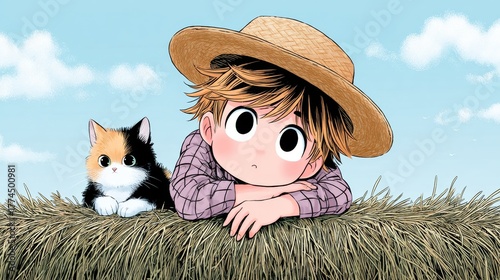 A young boy in a straw hat and a calico kitten resting on a bale of hay against a blue sky.