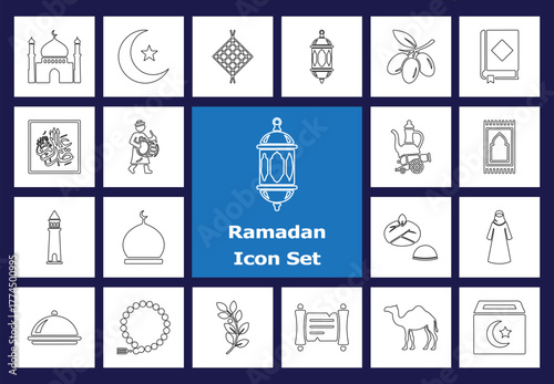 Ramadan Kareem Line Icons Set: Mosque, Lantern (Fanoos), Crescent Moon, Holy Quran, Prayer Rug, Islamic Culture and Fasting Symbols - Simple Outline Vector