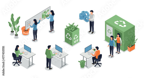 Office recycling practices in isometric design with employees engaged in sust…