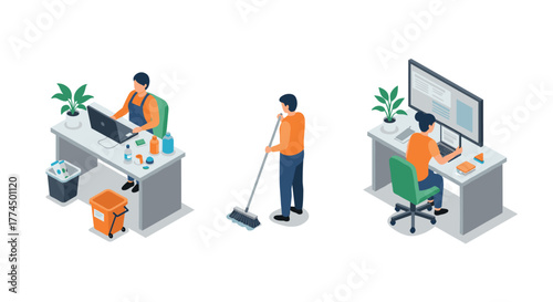 Isometric office workers and janitor in modern workspace with computers and c…