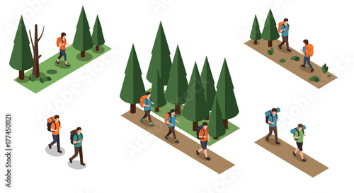 Isometric hiking adventure: groups walking in forest trails with backpacks