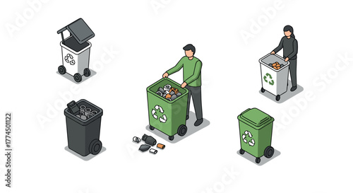 Isometric recycling bins and people sorting waste for environmental awareness