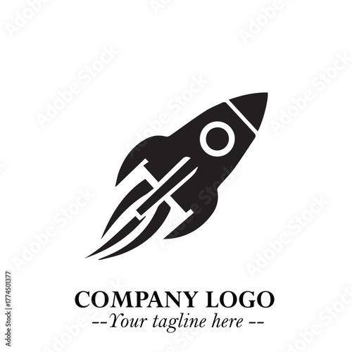Rocket Logo Symbol in Black on the White Background with Modern Futuristic Space Design
