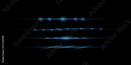 White horizontal lens flares pack. Laser beams, horizontal light rays. Beautiful light flares.