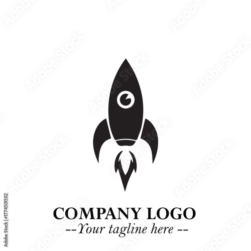 Rocket Logo Symbol in Black on the White Background with Modern Futuristic Space Design

