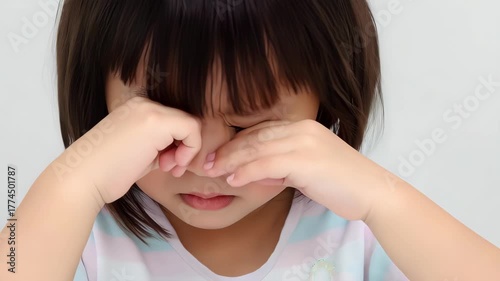 A girl rubbing her eyes with her hands.