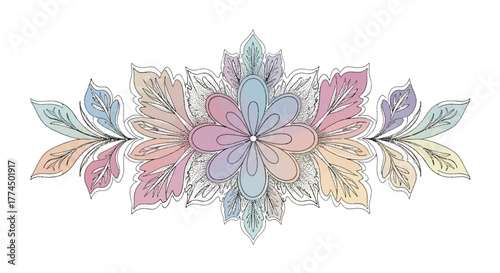 Elegant Pastel Floral Mandala Design with Delicate Leaves and Intricate Patterns.