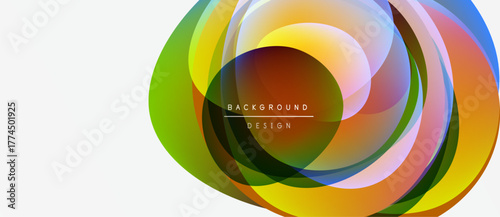 Abstract colorful layers create dynamic circular design. Vibrant hues blend, forming modern background element. Smooth gradients offer visual interest.
