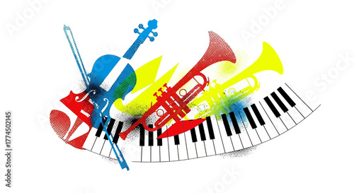 Vibrant musical instruments and piano keys arranged in a dynamic composition symbolizing harmony and creativity.