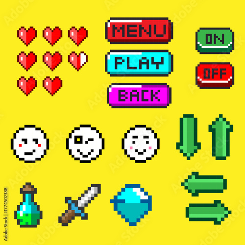 Set of vector gaming pixel icons on a yellow background