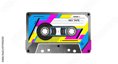 Vibrant 80s Style Mix Tape Audio Cassette Isolated.