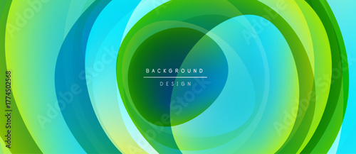 Abstract swirling layers, vibrant green, blue hues. Modern design, smooth gradients create dynamic visual effect. Center text reads background design.