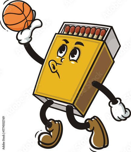 Matchstick box mascot cartoon playing slam dunk basketball