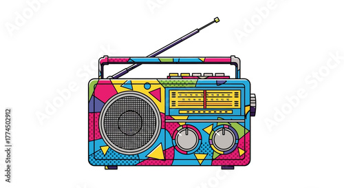 Colorful Retro Boombox Radio with Abstract Pattern.
