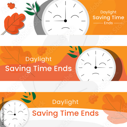 3 concepts of daylight saving time ends and Set clocks to daylight saving time. Vector illustration with message