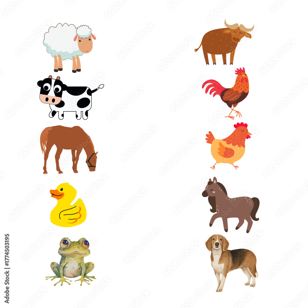 Fototapeta premium Cute cartoon animal set with funny farm and wild pets