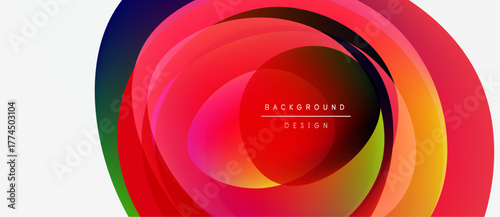 Abstract colorful layers create dynamic circular design. Bright gradients blend, forming modern background element. Text reads background design.