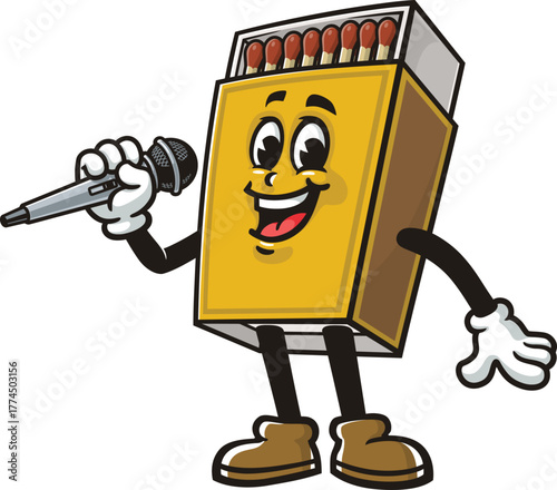 Matchstick box mascot cartoon is holding a microphone and singing